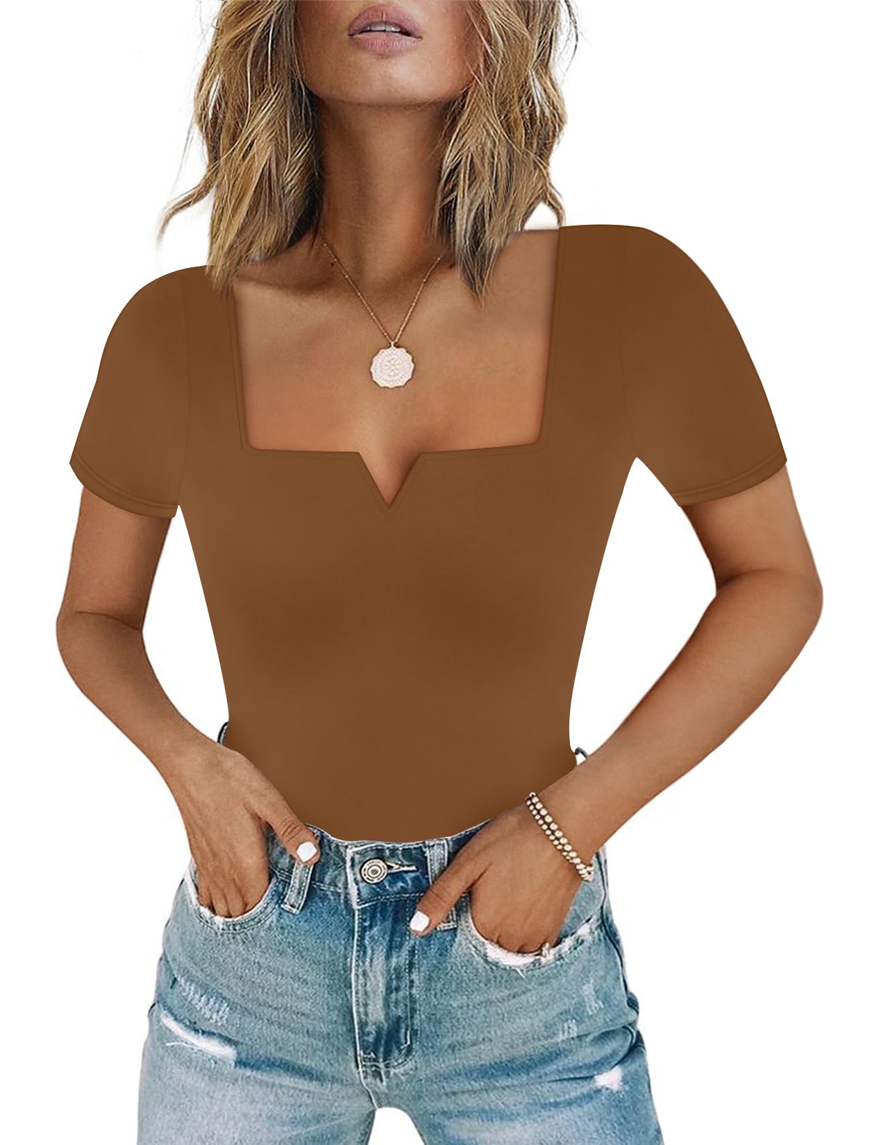 Photo 1 of Chunpin Women's Square Neck Notch V Neck Bodysuit Short Sleeve Tops Outfits Thong Bodysuits Going Out Brown Large