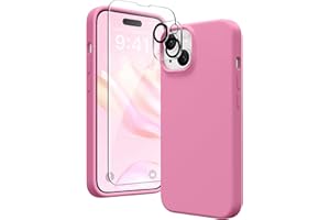 GONEZ for iPhone 15 Case, Liquid Silicone Case [with 2 Screen Protectors + 2 Camera Lens Proctetors], Anti-Scratch Soft Microfiber Lining Shockproof Full Body Protective Phone Cover 6.1", Raspberry