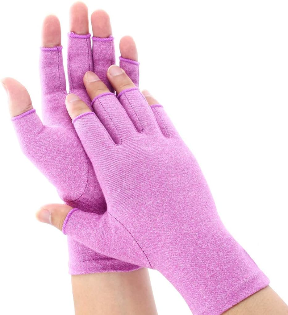 SUPERFA 2 works Compression Gloves for Women and Men Bamboo Arthritis Fingerless Gloves for Pain Relief, Purple, S (4 Count)