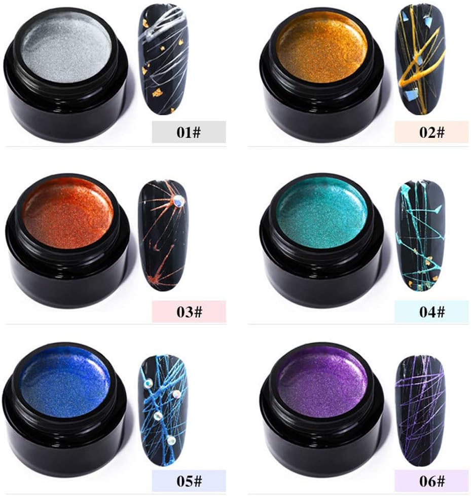 Erwazi Nail Spider Gel Set, Pulling Line Nails Art Silk 6 Pcs Line Painting Soak Wire Drawing Elasticity Off Design Lacquer Long Lasting DIY UV Nail Gel