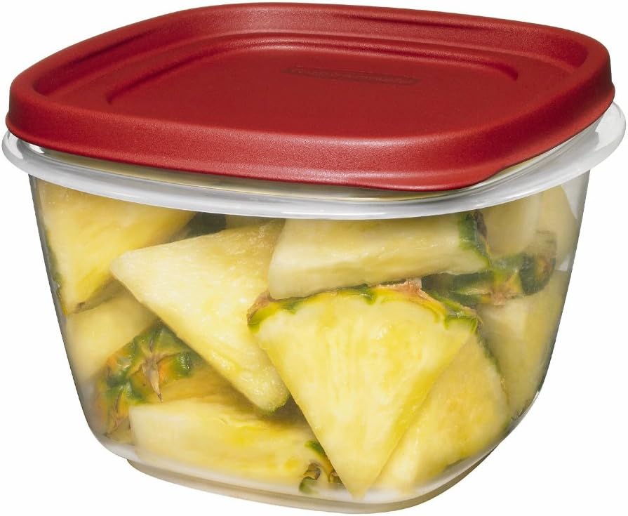 Rubbermaid1925459 Easy Find Lid Square Food Storage Container, 7 Cups, Catalog Code 7J67, Crystal Clear Plastic Base with Red Lid; No BPA