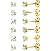 MDFUN Hypoallergenic CZ Stud Earrings Set for Women/Men,6 Pairs 18K Gold Plated Round 3-8mm Clear Cubic Zirconia Earring Pack Jewelry Gift