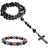 Tiger Eye Necklace and Bracelet Set, Cross Pendant Necklace, Triple Protection Bracelet, Healing Crystal Black Obsidian Tiger Eye and Hematite Beads Jewelry