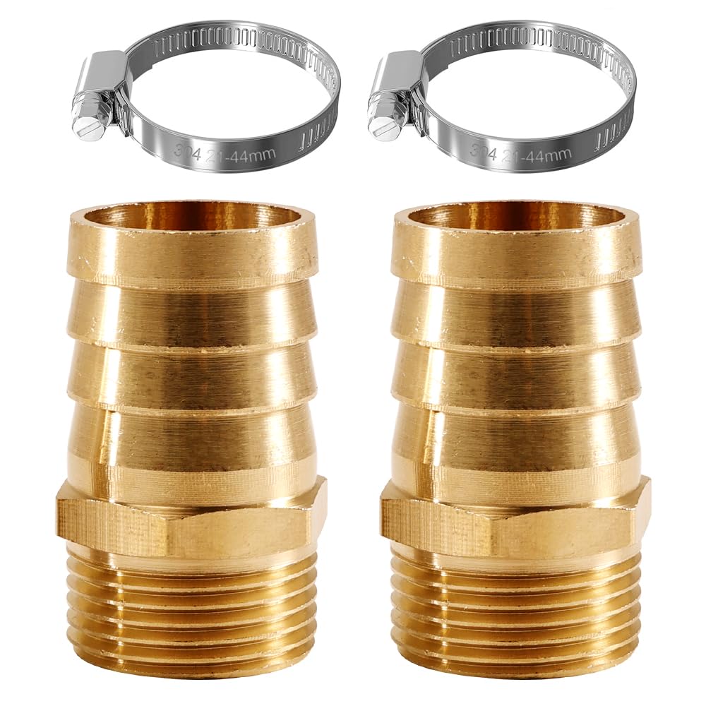 2 x 1 inch brass hose nozzle, 1 inch male x 32 mm (1 1/4 inch) hose fitting, male thread plug adapter, nozzle hose connection, brass hose connection plug adapter with 2 hose clamps