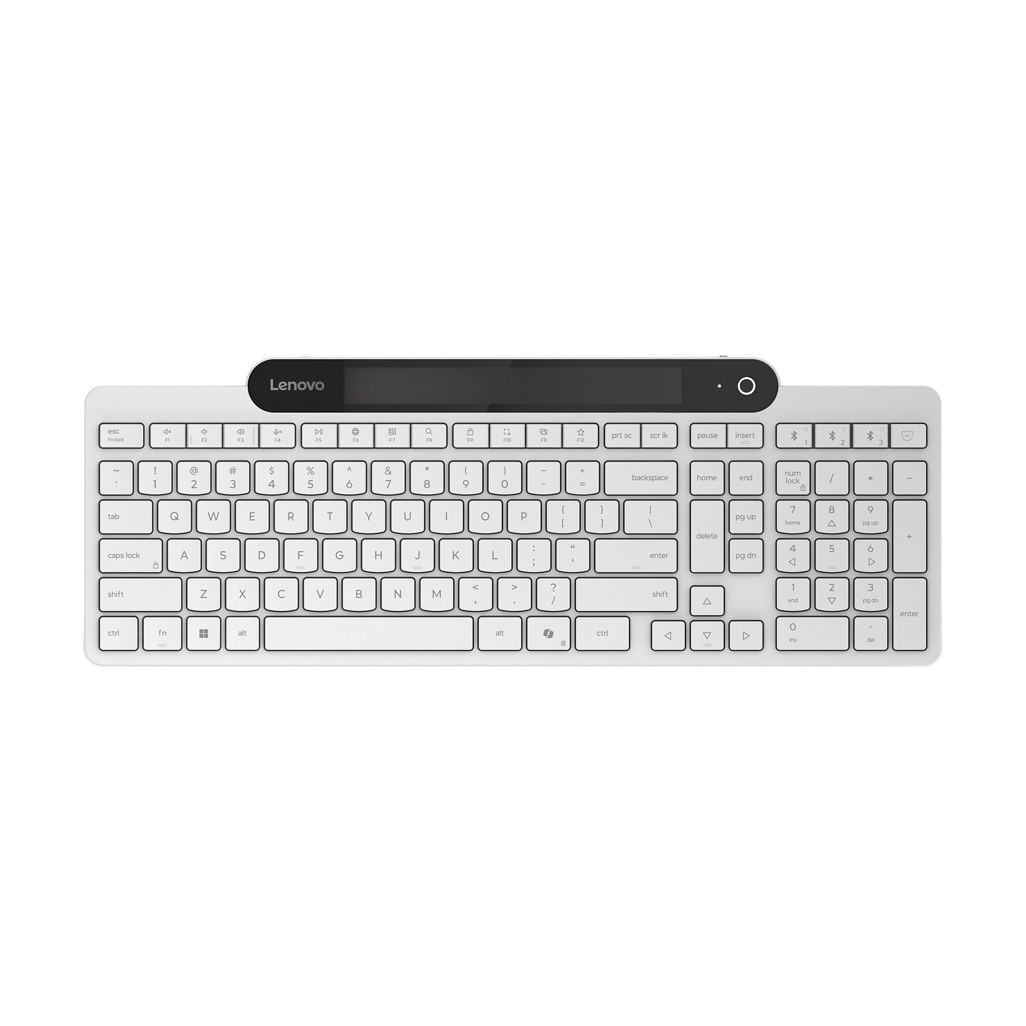View 1 of **PARTS ONLY**Lenovo 800 Self-Charging Bluetooth Keyboard, Uses Ambient Light for Charging, Bluetooth 5.1, Supports 3 Devices, Battery Free, Wireless, White
