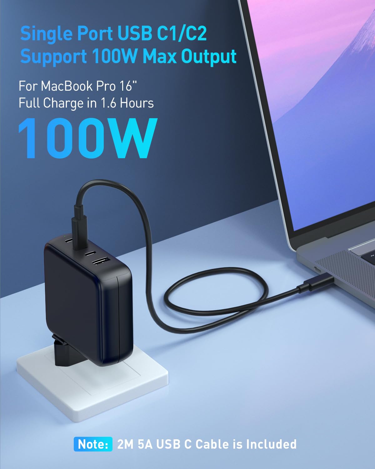 100W USB C Ladegerät, 4-Port Schnellladegerät Kompatibel mit MacBook Air MacBook Pro, iPad Pro/Air/Mini, iPhone 16/15, Galaxy S24/S23 und mehr, 100W USB C Netzteil mit 5A Ladekabel 2