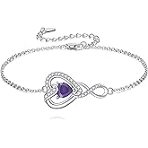 LELOUCHY Infinity Heart Birthstone Bracelet 925 Sterling Silver Forever Love with Birthstone Adjustable Bracelet for Anniversary Birthday Women Gifts