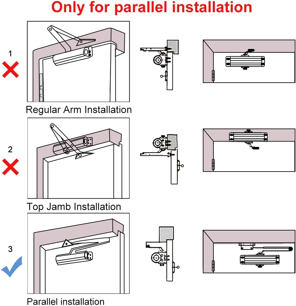 Onarway Automatic Door Closer Hold Open Size 3 Parallel Installation Spring Hydraulic Door Closure Aluminum Alloy Body, for Residential and Commercial Use, for 45~60 kg Door - Image 4