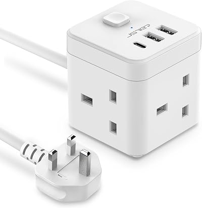JSVER Cube Extension Lead 3 USB Ports 3 AC Outlets 2M Cable White
