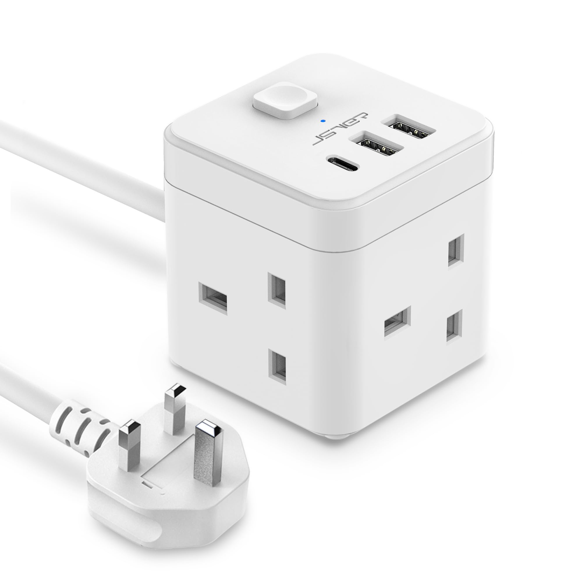 JSVER Cube Extension Lead with 3 Way Power Strip and 3 USB Ports (5V/2.4A) Extension Socket with Switch and USB Charging Slots - 2M Cable for Home, Office, Hotel, Travel - White