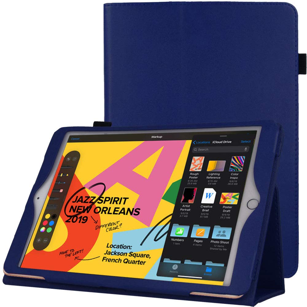 TECHGEAR Leather Case for Apple iPad 10.2" 2021/2020 / 2019 [9th / 8th / 7th Generation] Premium PU Leather Slim Folio Case Cover with Stand, Hand Strap & Auto Sleep/Wake Function [Navy Blue]