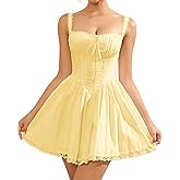 Womens Summer Floral Mini Dress Square Neck Tie Front Lace Spliced Ruched Backless Casual Party Graduation Short Dresses