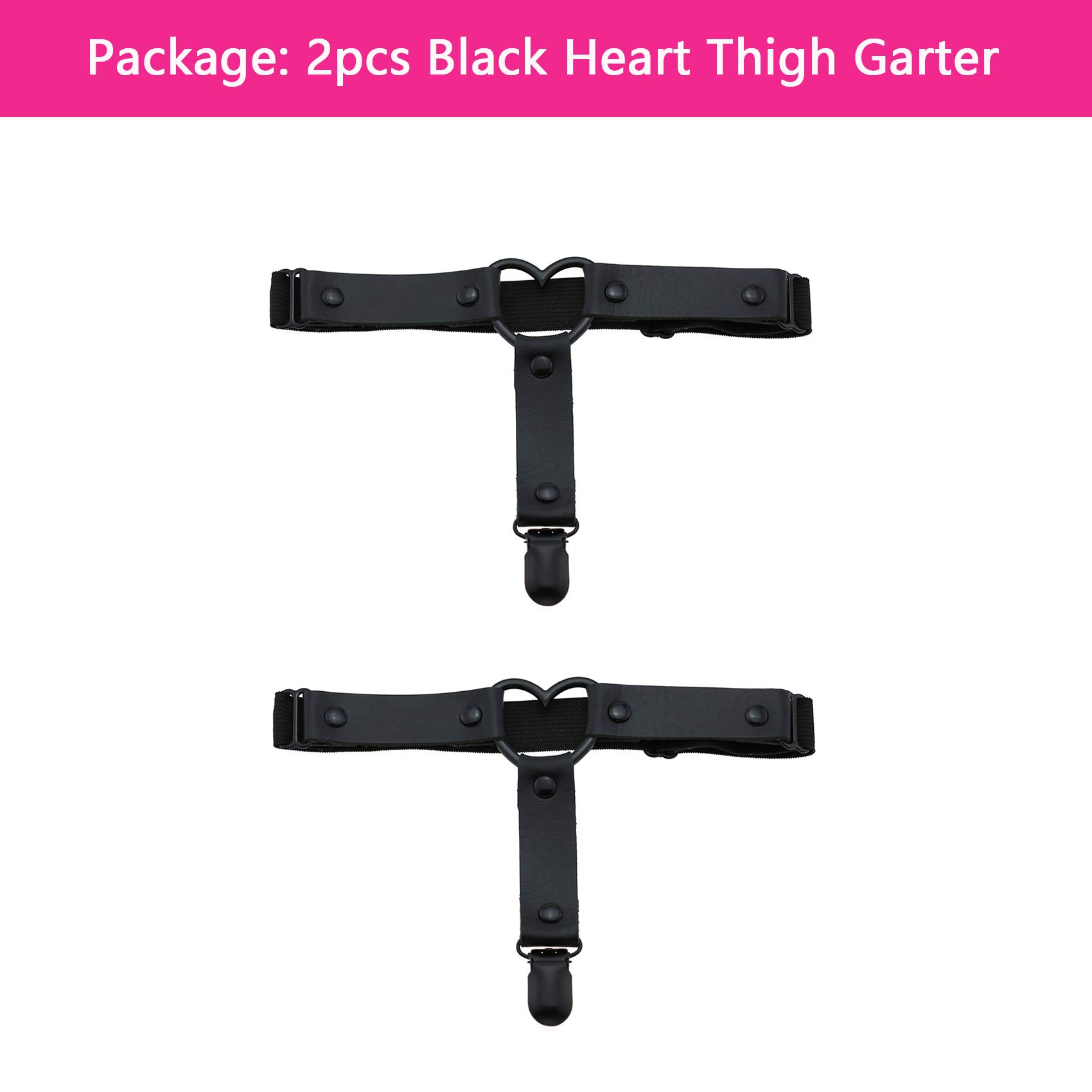 alisikee 2pcs Adjustable Heart Thigh Garter with Anti-Slip Clips, Elastic Punk Leg Garters for Women, Black