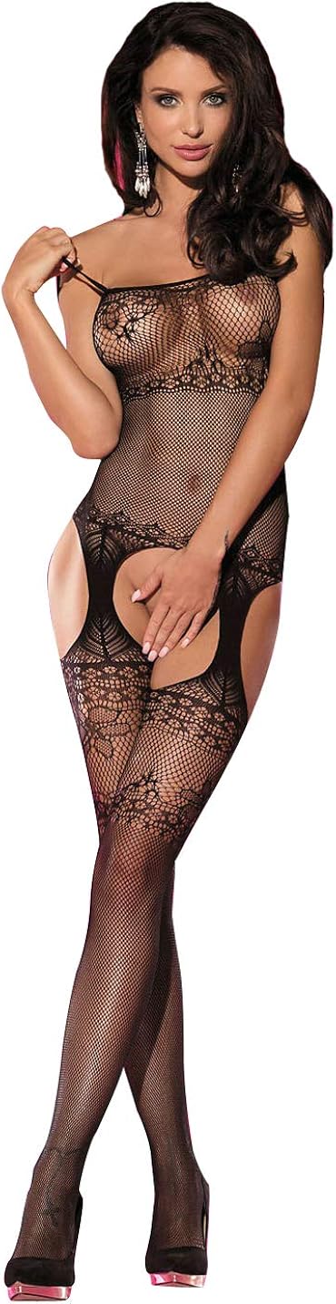 Sexy Lace See Through Hosiery Fishnet Bodystocking with Open Crotch for Sex (106BK)(Size: One Size)