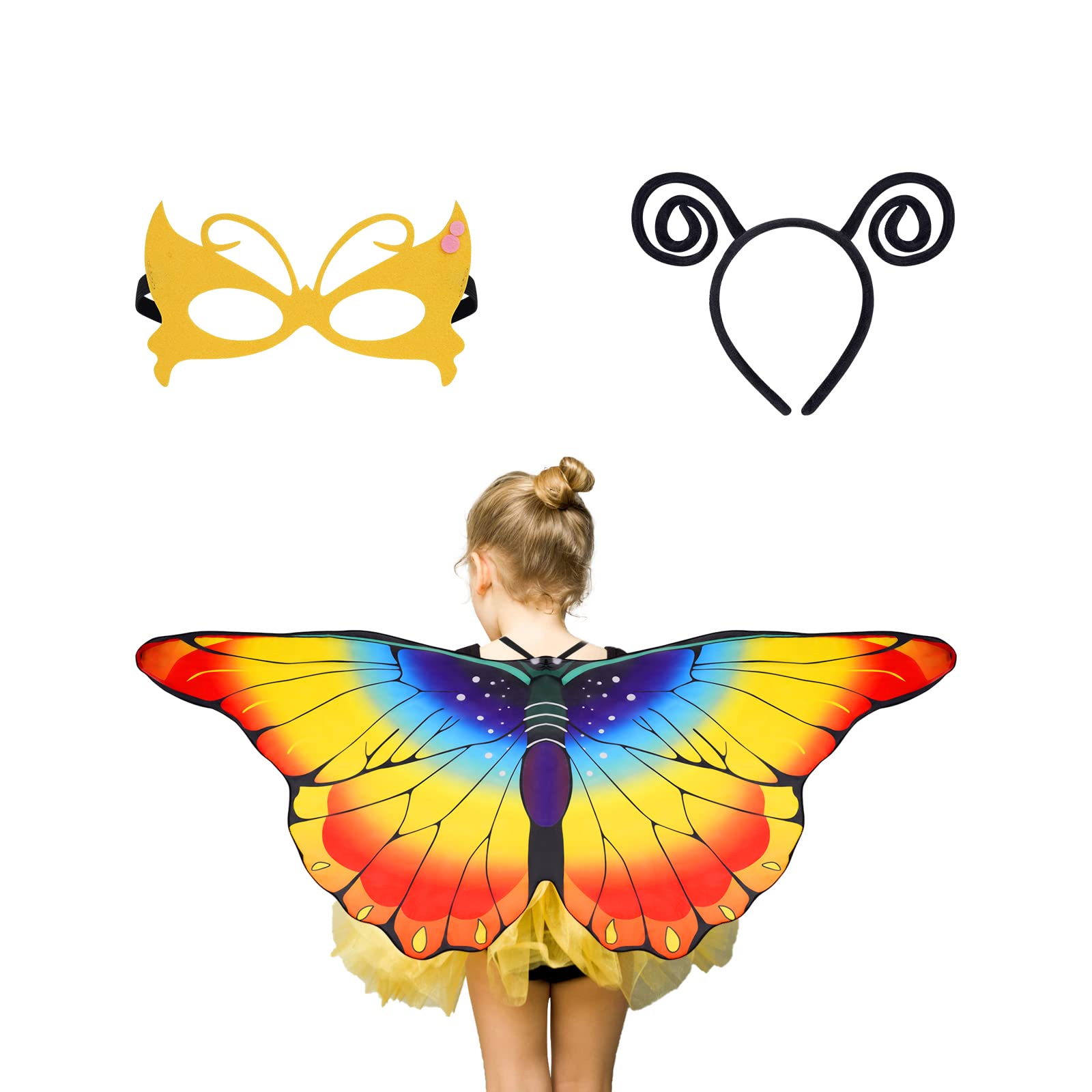 Aomig Kids Butterfly Wings Costume, 3Pcs Butterfly Fairy Costume with Rainbow Butterfly Shawl Wings, Headband and Eye Mask, Butterfly Cape Wings Fancy Dress for Christmas Halloween Party Cosplay — image 1