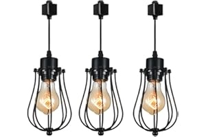 KIVEN 3-Pack H System Track Mini Pendant Lighting, Matte Black Finish with Black Cage Shade and Edison Bulbs, Chandeliers in Vintage Style for Home Kitchen Lighting