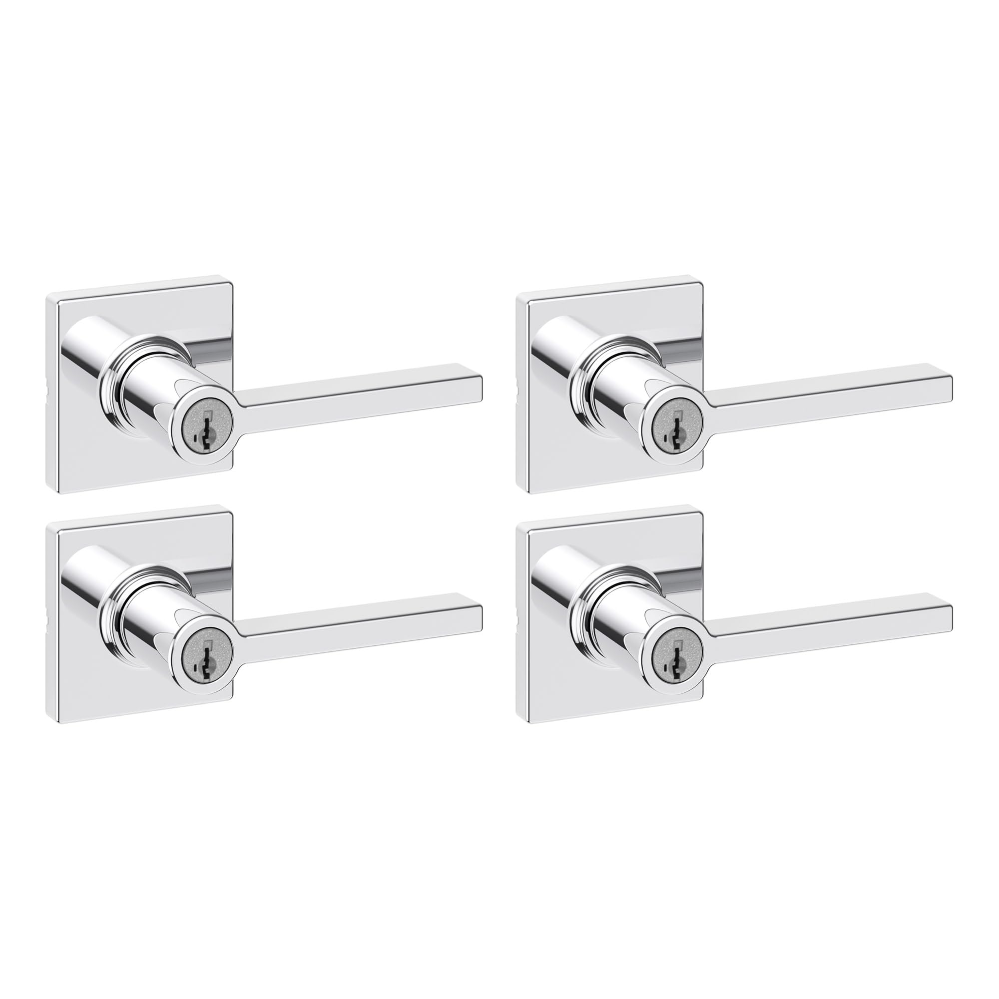 Kwikset Casey Entry Door Handle with Lock and Key, Secure Keyed Reversible Lever Exterior, for Front Entrance and Bedrooms, Polished Chrome, 4 Pack, Pick Resistant SmartKey Rekey Security Image