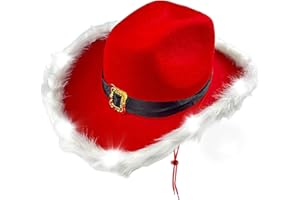 COFASHION Red Cowgirl Hat Light Up Cowboy Hat with LED Lights Christmas Hats for Women Santa Hats Adult Red Cowboy Hat Cow Headband-Adjustable String