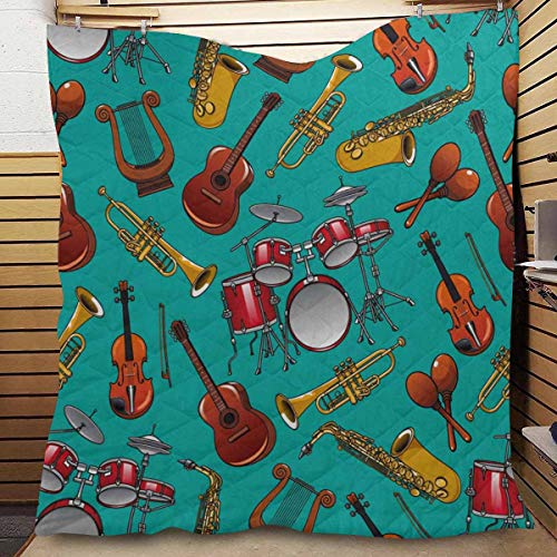 InterestPrint Musical Instruments on Turquoise Background with Drum Set, Guitar, Trumpet, Saxophone, Violin, Lyre Comforter Set Thin Quilt Lightweight Comforter