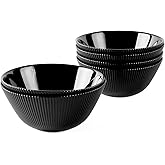 LaGlint 20 OZ Max Black Opal Glass Cereal Bowl Set of 6, 6 inch Dishwasher & Microwave Safe Round Ribbed Bowls for Kitchen, Salad, Soup and Rice