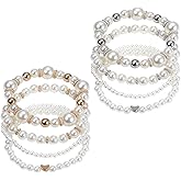 Pearl Bracelets for Women Chunky Simulated Pearl Beaded Bracelet White Pearls Stackable Stretch Bracelet Set Multilayered Elastic Beaded Pearls Bracelets for Women Bridesmaid Bridal Jewelry (8-Pack)
