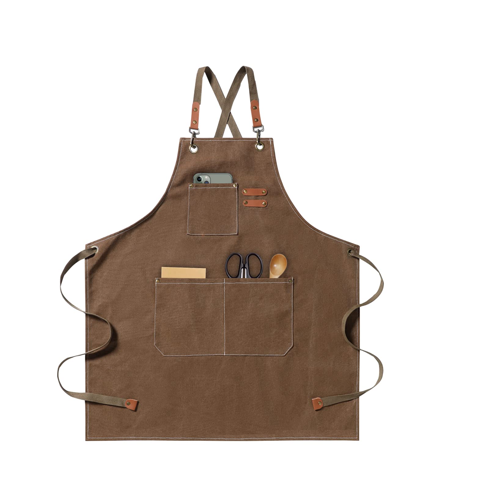 jiuzcare Mens Apron Cross Back Work Apron with Pockets BBQ Apron for Men Heavy Duty Chef Cooking Apron (Adjustable Comfortable Barista Barber) Brown