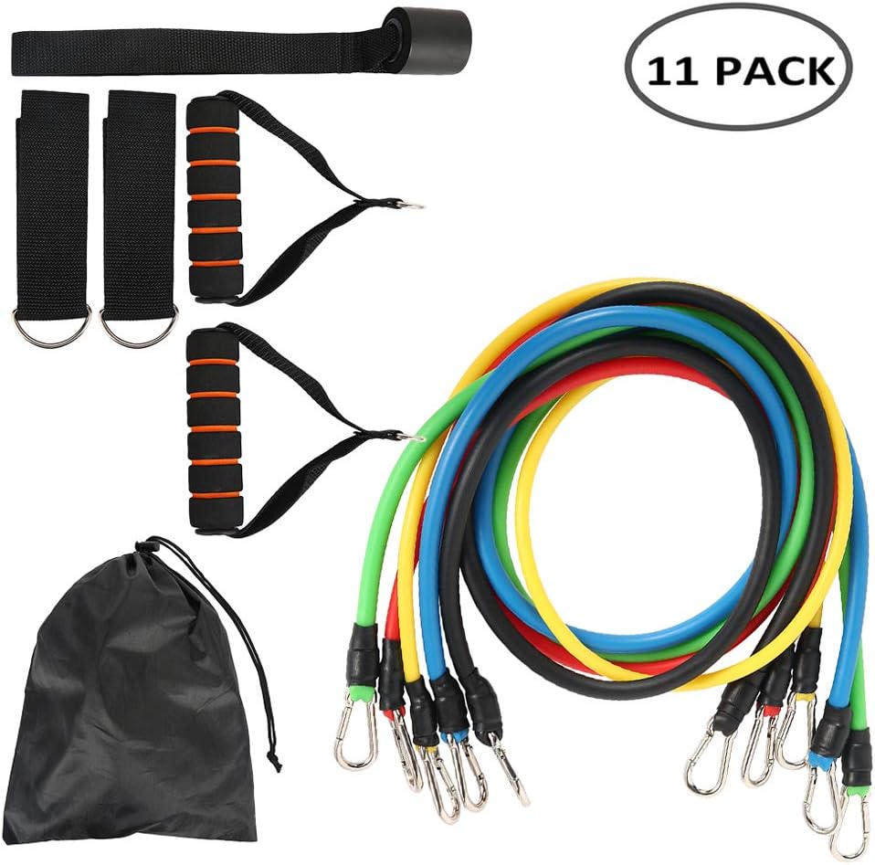 Dandelionsky 11 Pcs Exercise Fitness Resistance Bands Set Stretch Workout Fitness Set Bodybuilding Elastic Pull Rope Full Body Waist Arm Leg Strength Training for Pilates, Rehab, Yoga Gym
