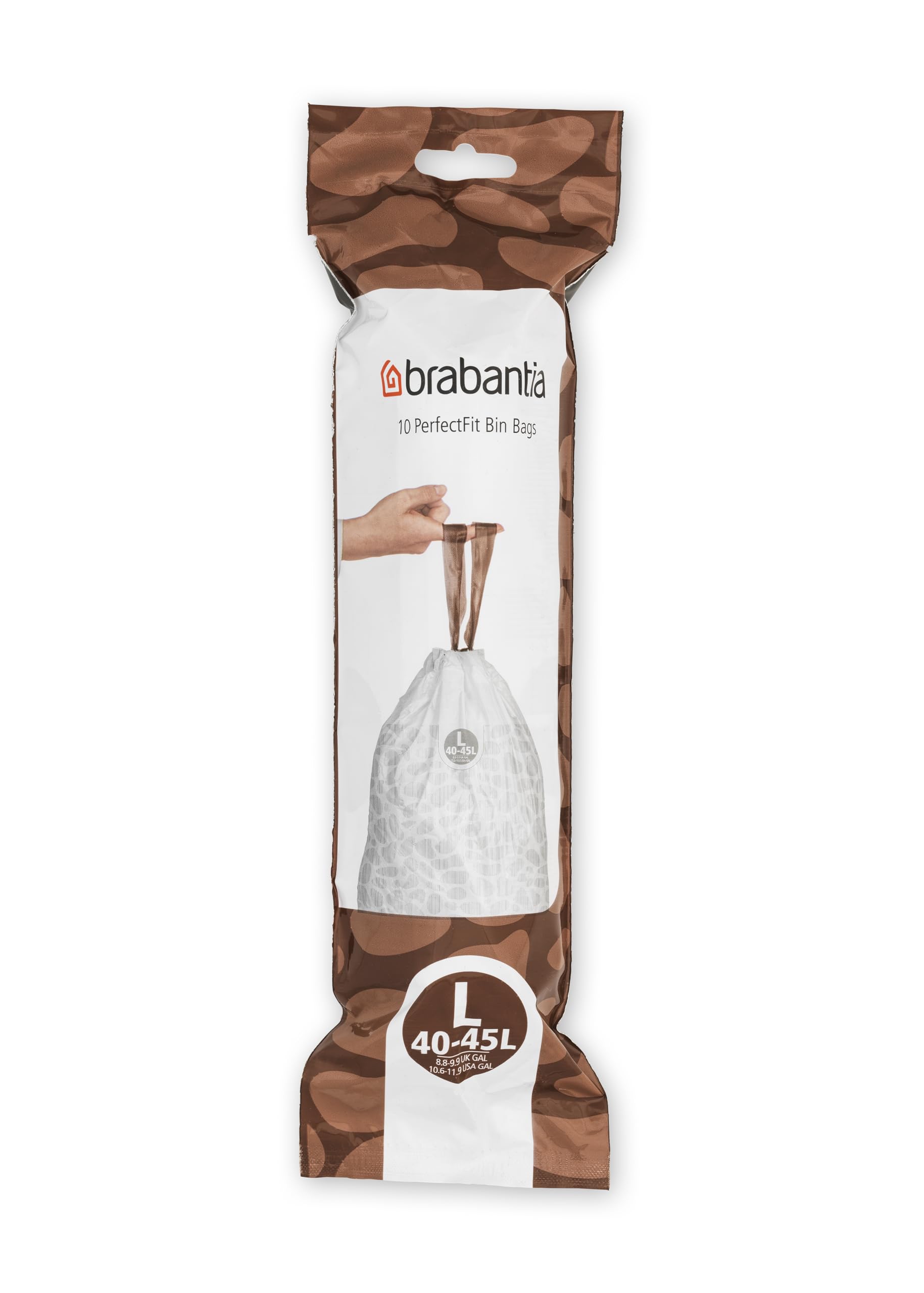 Brabantia PerfectFit Bin Liners (Size L/40-45 Litre) Thick Plastic Trash Bags with Tie Tape Drawstring Handles (10 Bags)