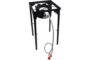 GAS ONE GasOne Propane Single Burner Camp Stove with High Temp Paint & Red QCC Steel Braided Regulator with Height Adjustable Leg