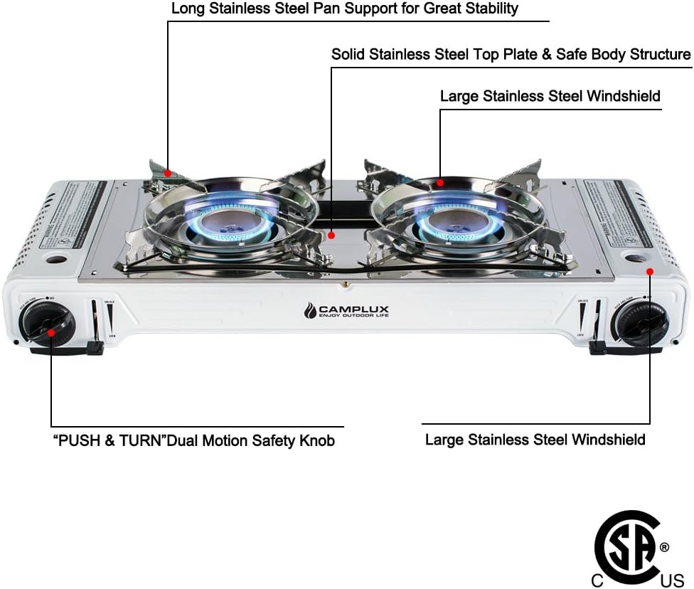 Camplux Portable Camping Butane Gas Stove Twin Burner 16,000BTU with Carrying Case, Stainless Steel (Stainless Steel & White): Sports & Outdoors