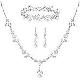 SWEETV Jewelry Set for Bride Women, Cubic Zirconia Pearl Bridal Earrings Necklace Bracelet Set, Bridal Jewelry Set for Wedding Prom