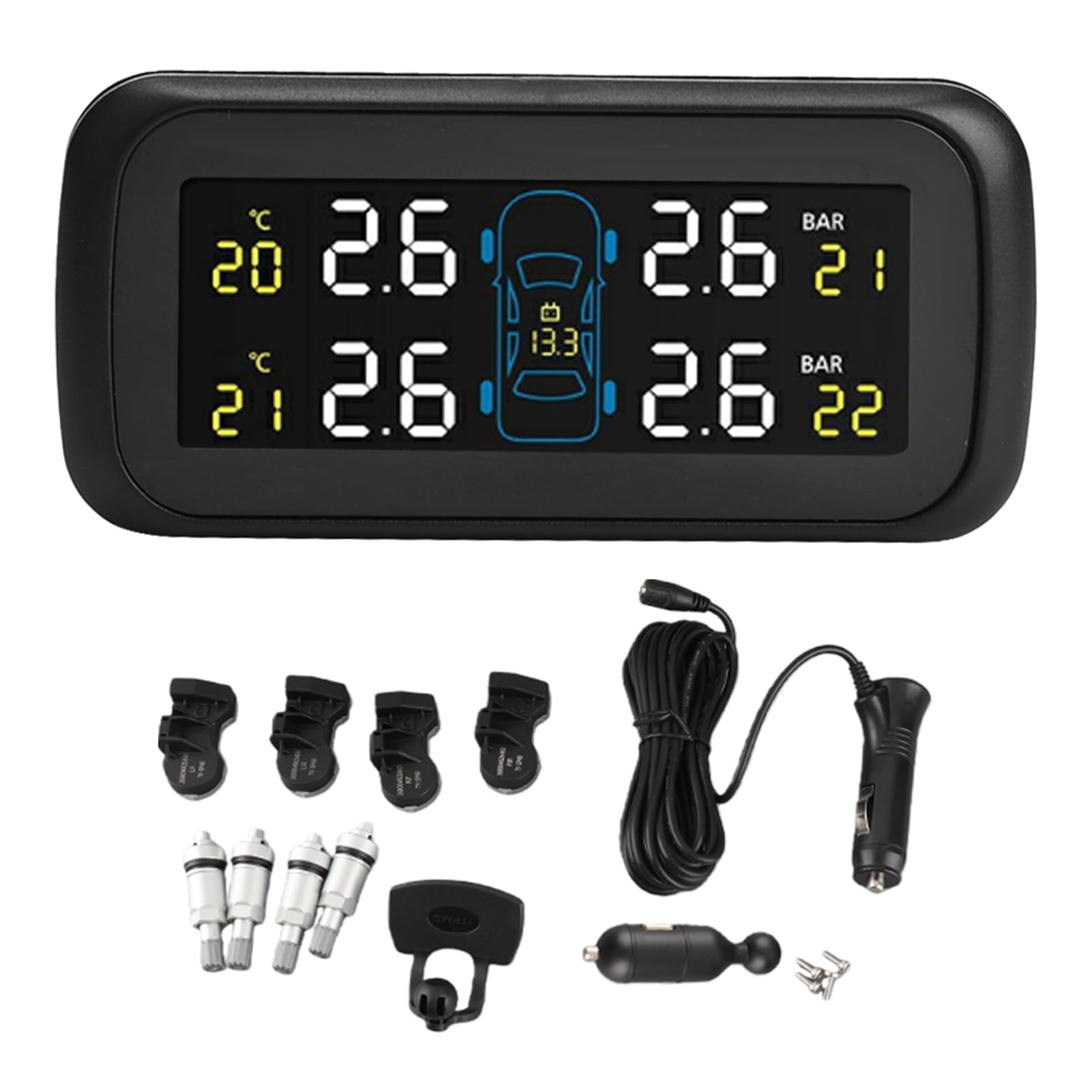 Photo 1 of Tire Pressure Sensor, Car TPMS Tyre Pressure Monitoring System LCD Cigarette Lighter USB 4 Internal Sensor, Black, Pressure Range: 0~99psi?0~6.8bar?