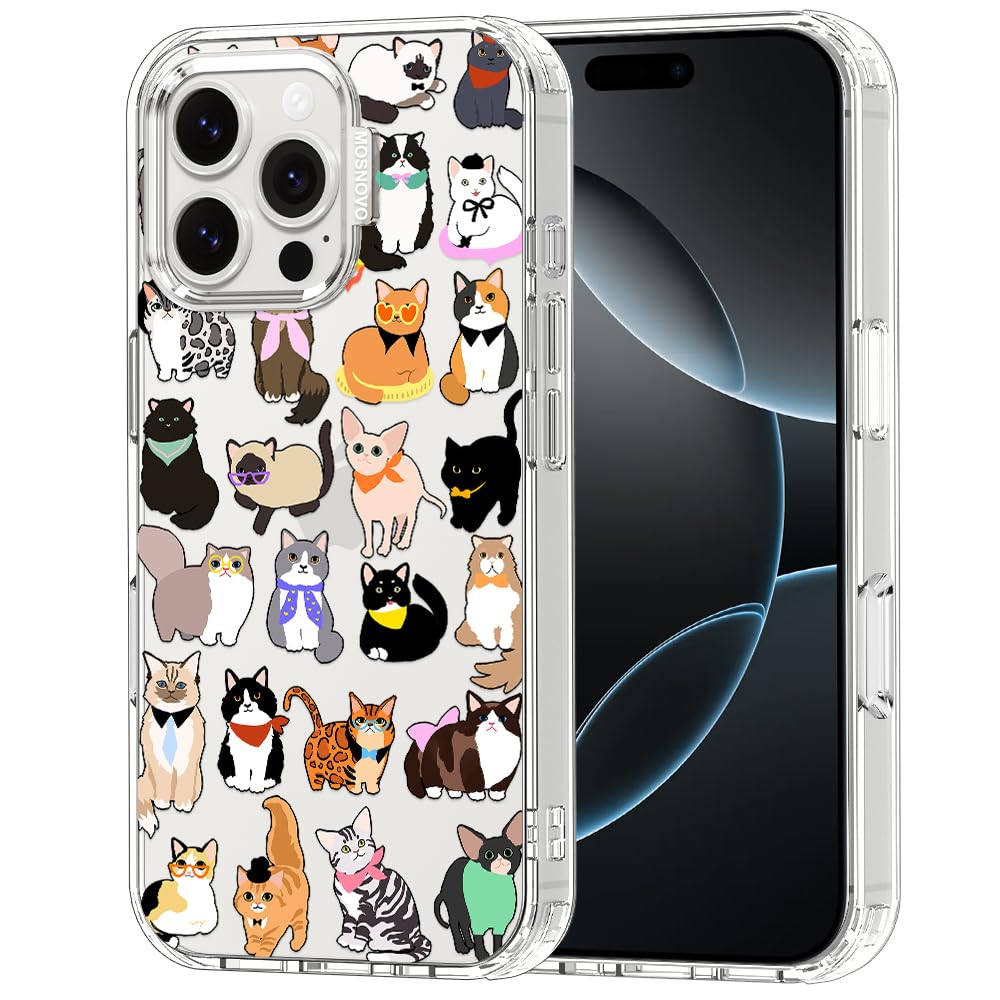 MOSNOVO Case for iPhone 16 Pro Max, [Buffertech 6.6ft Military-Grade Drop Protection] [Anti Peel Off Tech] Clear TPU Bumper Phone Case Cover Design - Cute Cats