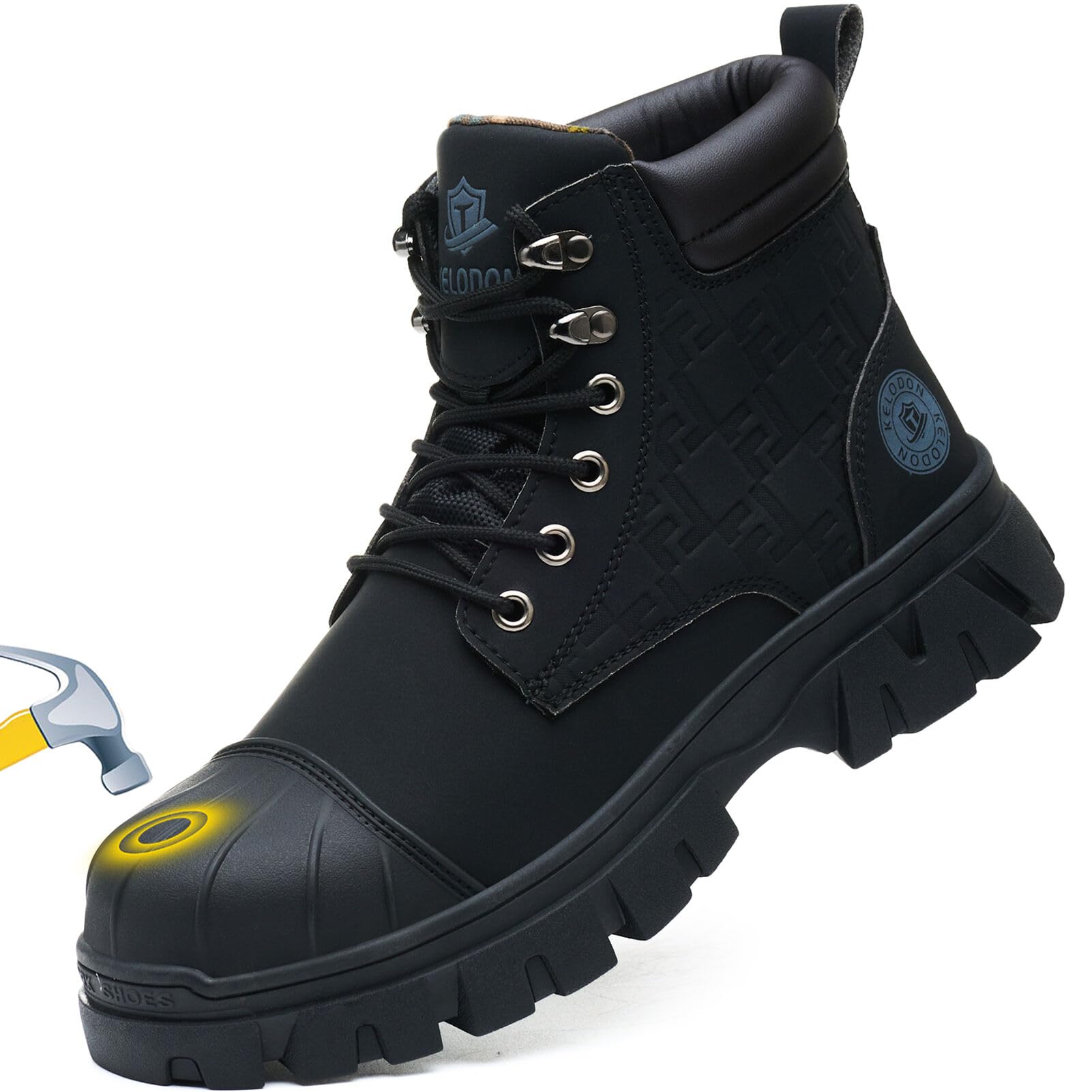 Photo 1 of KELODON Waterproof Steel Toe Boots For Men 6 Inch Leather Steel Toe Shoes Non Slip Resistant Safety Work Boots Indestructible Lightweight Construction Boot,Black,US Size 7.5