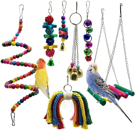Bird Parrot Toys, 7 Packs Bird Swing Chewing Hanging Perches with Bells