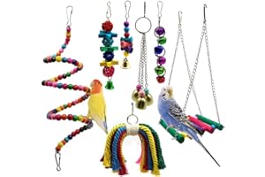 MEISO Bird Parrot Toys 7 Packs Bird Swing Chewing Hanging Perches with Bells for Pet Parrot Lovebird Howl Budgie Cockatiels M