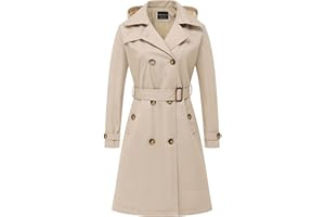 CREATMO US Women's Long Trench Coat Double-Breasted Classic Lapel Overcoat Belted Slim Outerwear Coat with Detachable Hood