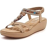 TETSUO Sandals Women Platform Wedge Low Heels Sandals Dressy Flower Summer Beach Rhinestone Casual Shoes for Women Walking Elastic Ankle Strap Open Toe Bohemia Shoes