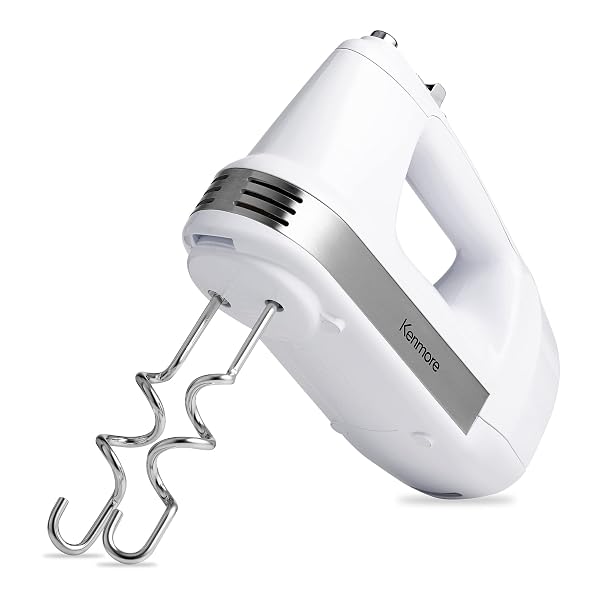 KENMORE 5-SPEED HAND MIXER/BLENDER, 250 WATTS, WITH BEATERS, DOUGH HOOKS, LIQUID BLENDING ROD, AUTOMATIC CORD RETRACT, BURST CONTROL, AND CLIP-ON ACCESSORY STORAGE