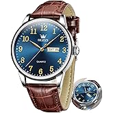 OLEVS Mens Watches Vintage Leather Band Dress Classic Easy Reader Arabic Numerals Analog Quartz Waterproof Date and Day Blue/Black/White Large Face Men's Wrist Watches