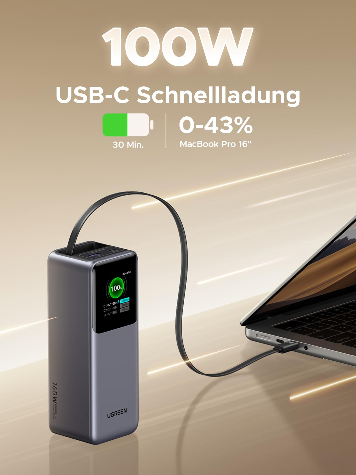 UGREEN Nexode Power Bank 20000mAh, 165W Schnellladen, 65cm einziehbares Kabel, Kompatibel mit iPhone 17/16/15 Serie, Galaxy S25 Ultra, MacBook, Dell Laptop und mehr 3