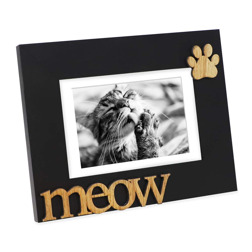 Isaac Jacobs Black Wood Sentiments Cat “Meow” Picture Frame, 5x7 inch with Mat, Photo Gift for Pet Cat, Kitten, Display on Tabletop, Desk (Black, 5x7 (Matted 4x6))