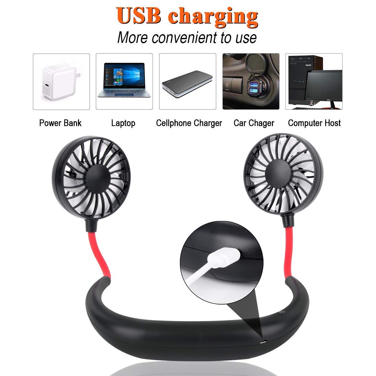 Hand Free Personal Fan - Portable USB Battery Rechargeable Mini Fan - Headphone Design Wearable Neckband Fan Necklance Fan Cooler Fan with Dual Wind Head for Traveling Outdoor Office Room (Black)