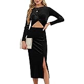 Simlakey Women Bodycon Midi Dress Long Sleeve Cut Out Pencil Dress Sexy Velvet Side Slit Twist Front Skirt Party Cocktail