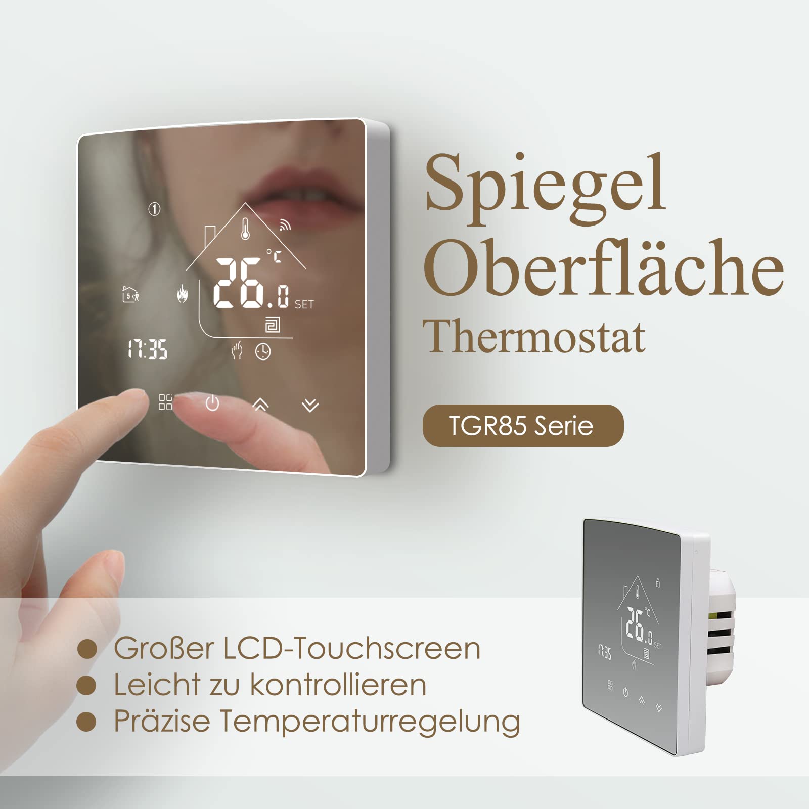 Beok Spiegel Thermostat Fussbodenheizung Smart, WiFi Raumthermostat Heizungsthermostat mit Digitales LCD Wandthermostat für Wasser Fußbodenheizung Kompatibel Tuya, Alexa,Google Home 3A TGR85WIFI-WP 6