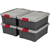 IRIS USA 4-Pack 12 Gal Heavy Duty Lockable Storage Totes with lids, Gray | Ideal for household supplies, seasonal d&eacute;cor and camping gear, Secure latches help keep contents protected