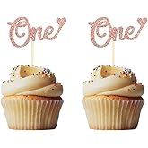 Morndew 24 PCS Rose Gold One/1st Cupcake Toppers for Baby Shower Kids First Birthday Anniversary Party Decorations