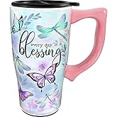 Spoontiques - Ceramic Travel Coffee Mug with Lid and Handle - Spill Proof Lid - Double Walled Mug for Hot and Cold Beverages - Microwave and Dishwasher Safe - Everyday Is A Blessing Travel Mug