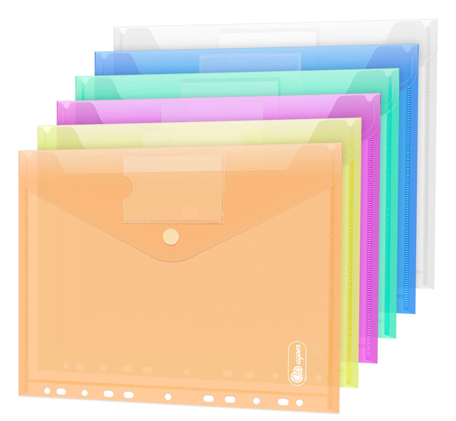 24 Pack Plastic Wallets A4, Multiple Colors Ddocument Wallets,A4 Clear Popper Wallet, Envelopes Wallet Folders with Pocket/Hook and Loop Closure, 11 Hole Ring Binder Punched Plastic Folder