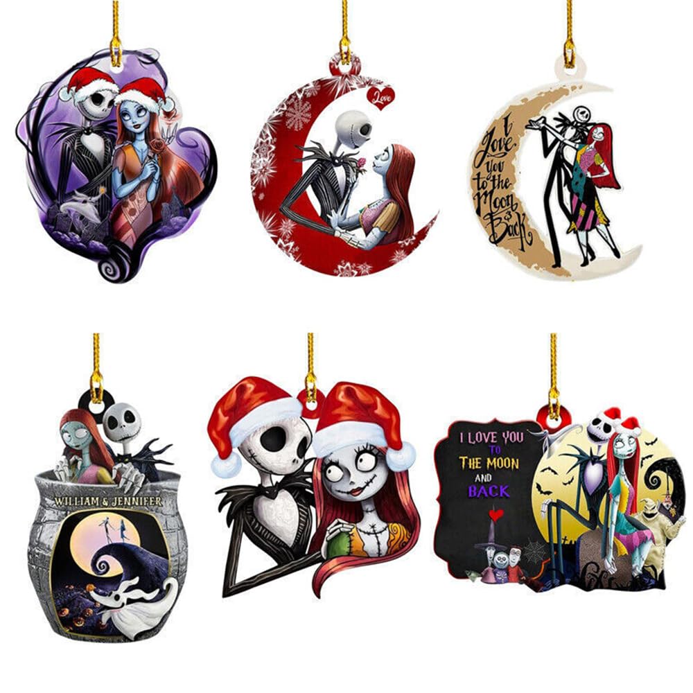 Before Christmas Tree Decorations, 6PCS Acrylic Cute Funny Jack and Sally Hanging, 2D Flat Ornaments Set for Halloween Christmas New Year Holiday and Car Interior, Winter Decor
